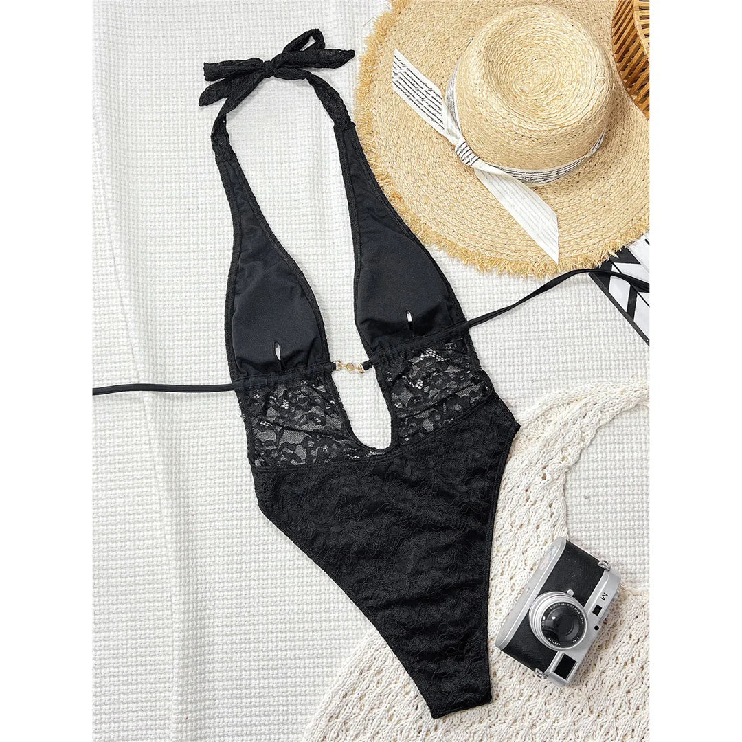 Lace Deep V Neck Halter Women Swimwear One Piece Swimsuit Female Monokini High Leg Cut Backless Bather Bathing Suit Swim V8264
