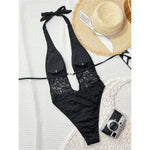 Lace Deep V Neck Halter Women Swimwear One Piece Swimsuit Female Monokini High Leg Cut Backless Bather Bathing Suit Swim V8264