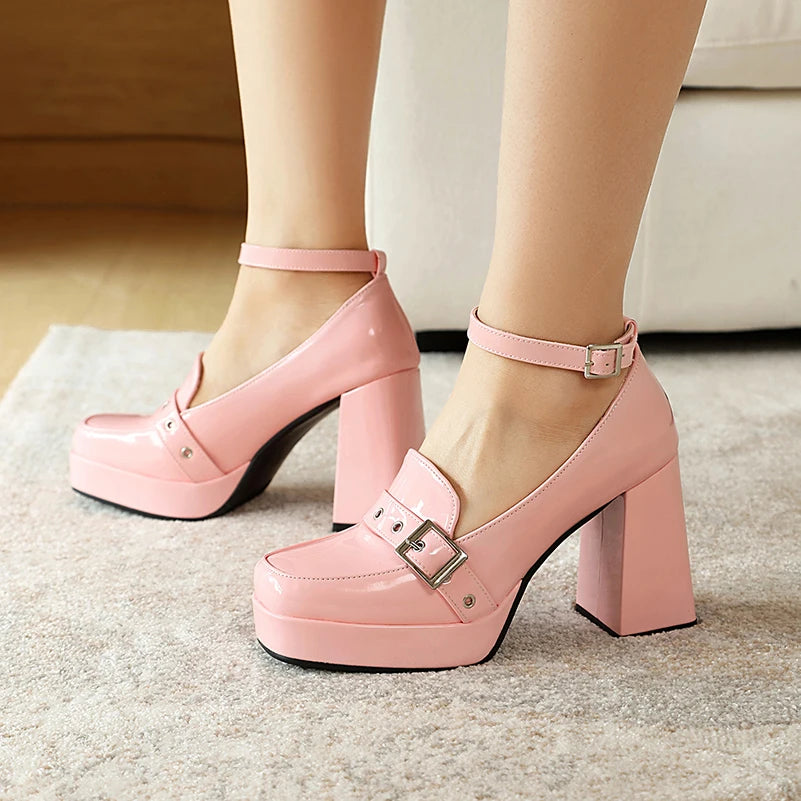 Plus Size Smooth Patent Leather Instep Metal Belt Square Buckle Platform High Thick Heel Ankle Buckle Sweet Lolita High Heels