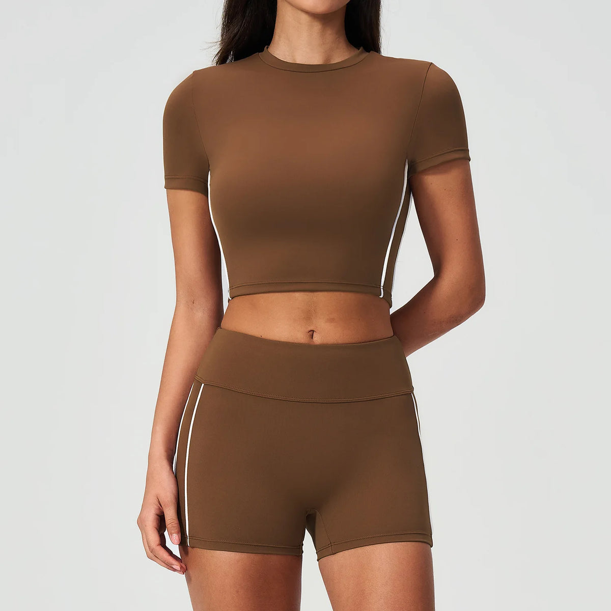 Color Contrast Yoga Suit Women Short Sleeve O Neck Sports T Shirts Tracksuit Outwear High Waist Shorts Gym Running Fitness Suits