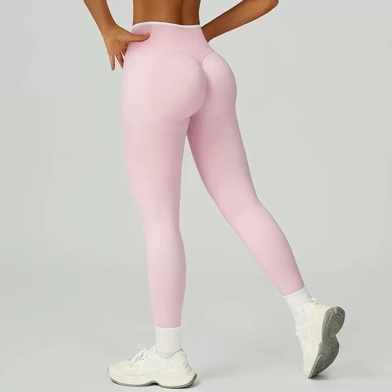 Women's Color Contrast Hip Lifting Yoga Fitness Pants, High Waist and Abdominal Compression, Elastic Tight Yoga Pants, Autumn