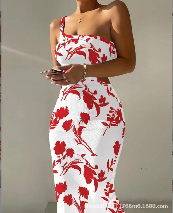 Print One Shoulder Spaghetti Strap Dresses Women Sexy Hollow Out Backless Package Hip Bodycon Dress Fashion Trendy Lady Vestidos