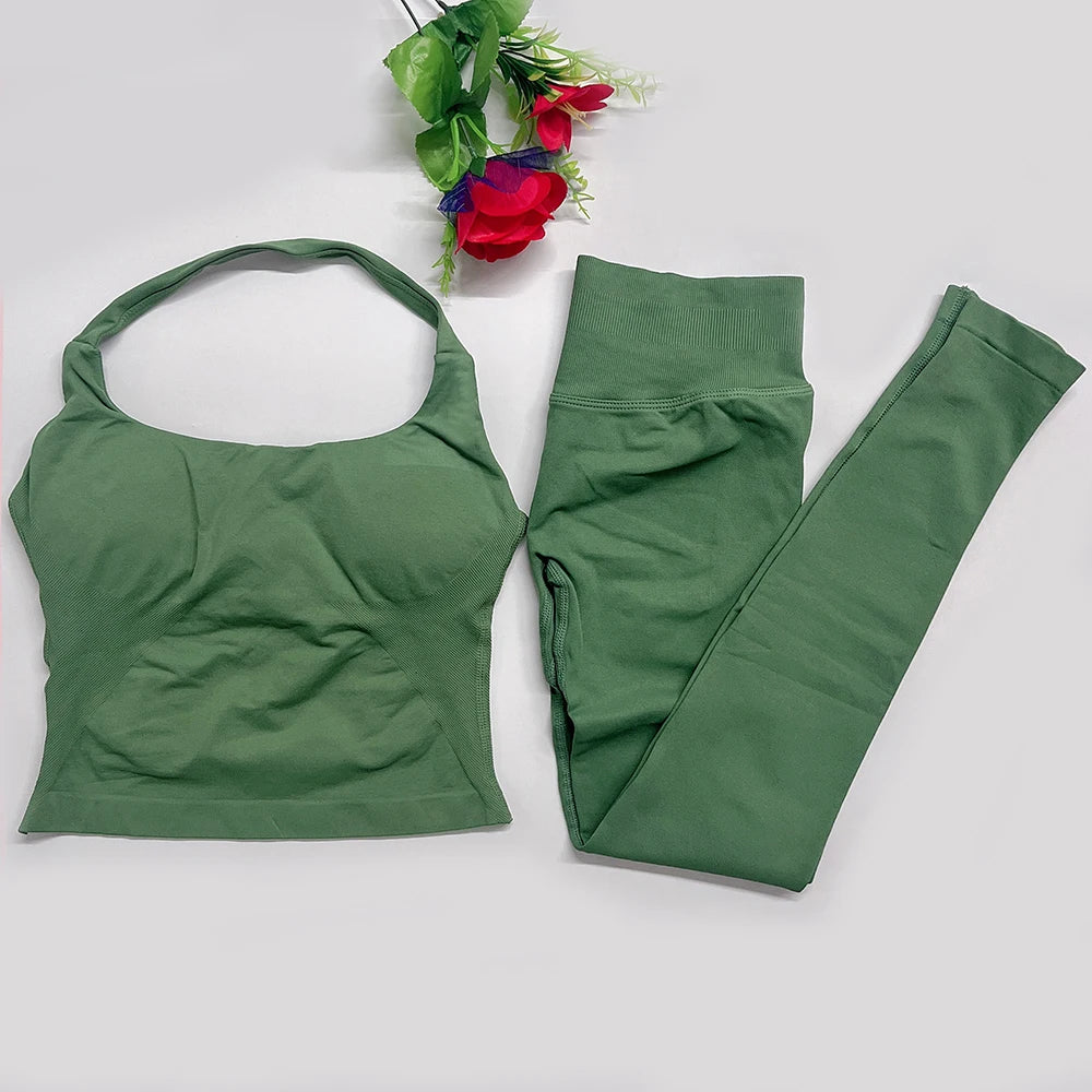 Women's Halter Top And Sports Leggings Gym Workout Set Two-Piece Pilates Clothes Yoga Outfits Impact Fitness Pants Set