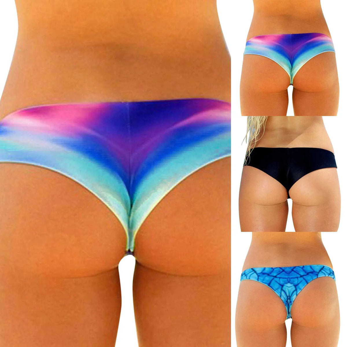 Women Vintage Print Low Waist Brazilian Bikini Bottom Swimwear Briefs Beachwear Brazilian Bikini Bottom Side Tie Thong Bathing
