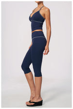 Summer Color Blocking Yoga Suit Women Tracksuit Hanging Neck V Neck Slim Sports Vest Tight Hip Lifting Capri Pants Fitness Sets
