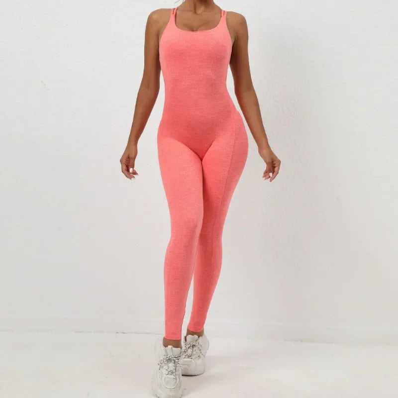 Seamless High-Waisted Peach Hip Yoga Jumpsuit for Women - Fast Drying Sweat-Wicking Tight Running Sports Jogging Gym Activewear