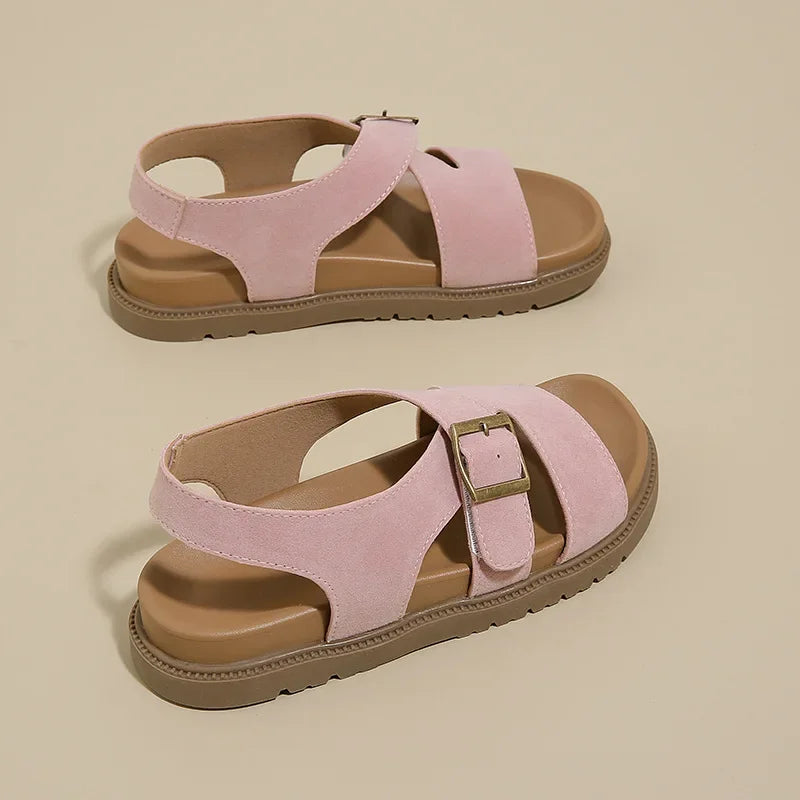 Women Sandals Summer New Solid Color Open Toe Flat Casual Slippers Buckle Fashion Outdoors Beach Sandals Sandalias De Mujer