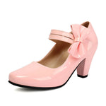 Plus Size 33-48 Sweet Polka Dot Mary Jane Heels Shoes Women Pink Blue Side Bow Tie Round Toe Chunky Block Heel Cute Lolita Pumps