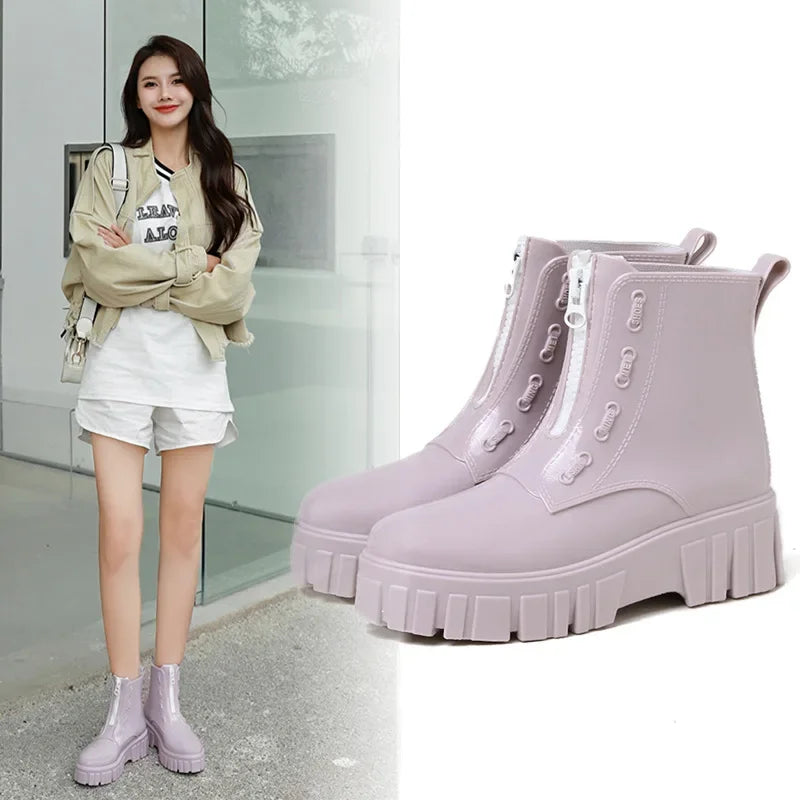 Women Thick Soled Rain Boots Non-Slip Fashion Outdoor Wear-resistant Rubber Waterproof Shoes Women Jelly Soft Soled Rain Boots
