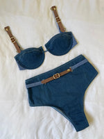 2025 Denim Bikini Set Cowgirl Style with Leather Straps Metal Buckles Perfect for Pool Parties Summer Getaways Poolside Glamour