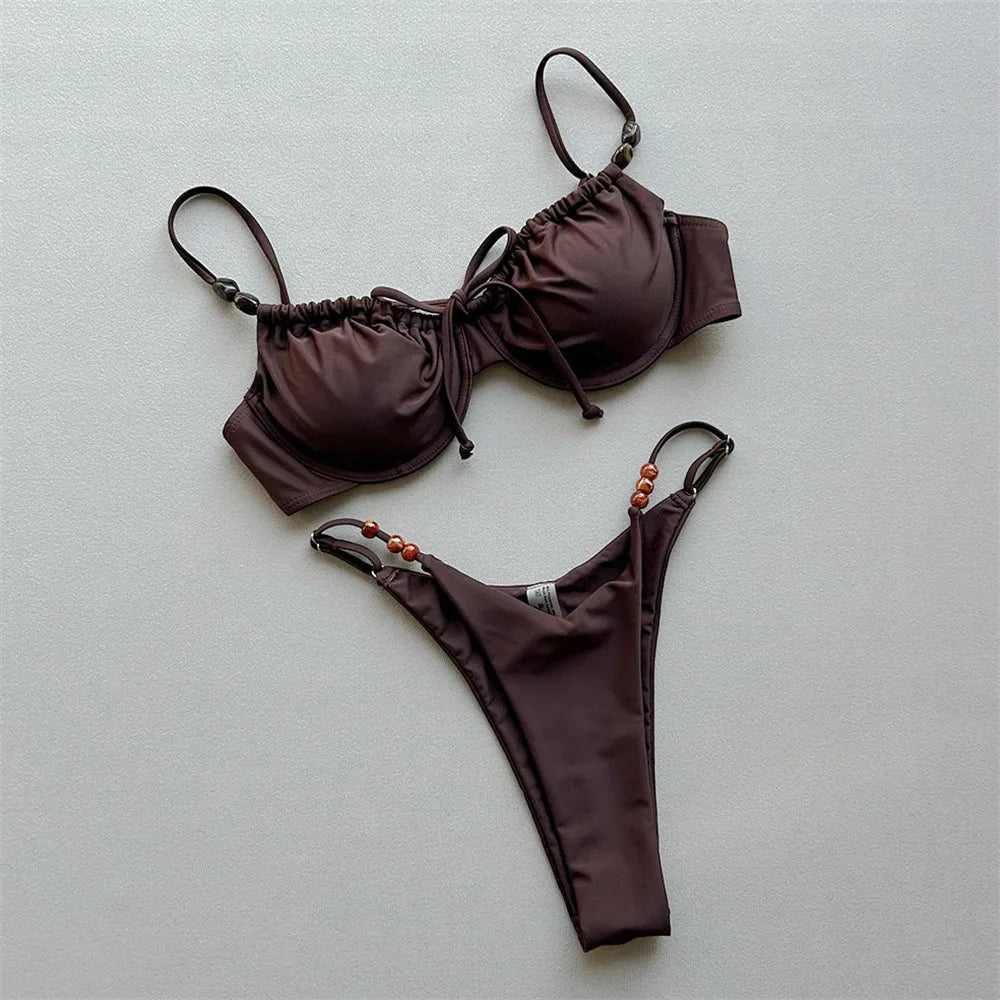Dark Brown Bead String Swimwear Sexy Push Up Bikinis Sets Micro Thong Swimsuit Women Brazilian Bikini 2026 Mujer Swimming Suit