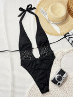 DEKA Black Lace Swimsuit Sexy Women One Pieces Swimwear Female Hollow Monokini Halter Bathing Suit Beachwear Solid Bodysuit