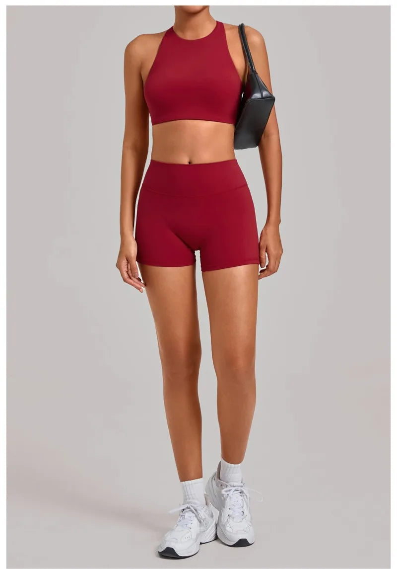 Women's Nude Yoga Sets Sports Cross Beauty Back Bra Hip-lifting Slim Fit Shorts Suits Running Fitness Workout Gym Sets