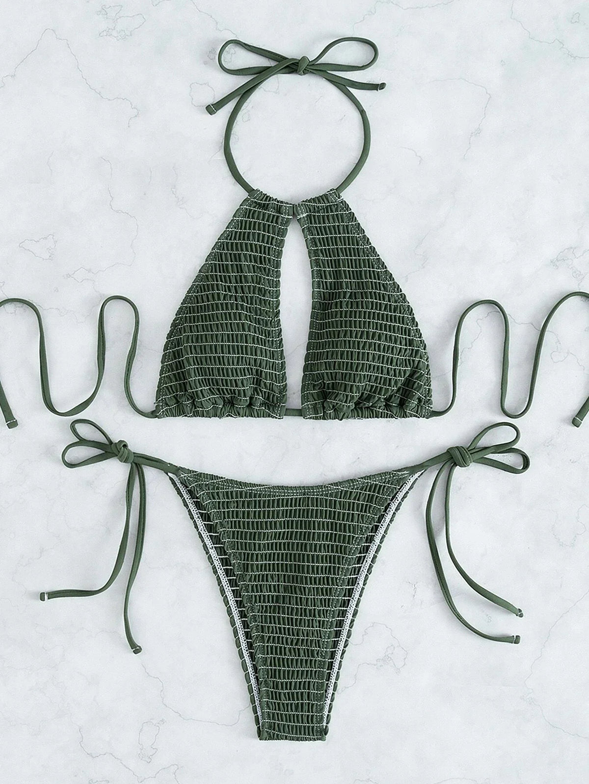 2025 Halter Tie Side Hollow Out Smocked Bikini Women Swimsuit Female Swimwear Two Pieces Bikini Set Swim Bathing Suit Beach Wear