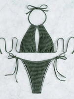 2025 Halter Tie Side Hollow Out Smocked Bikini Women Swimsuit Female Swimwear Two Pieces Bikini Set Swim Bathing Suit Beach Wear