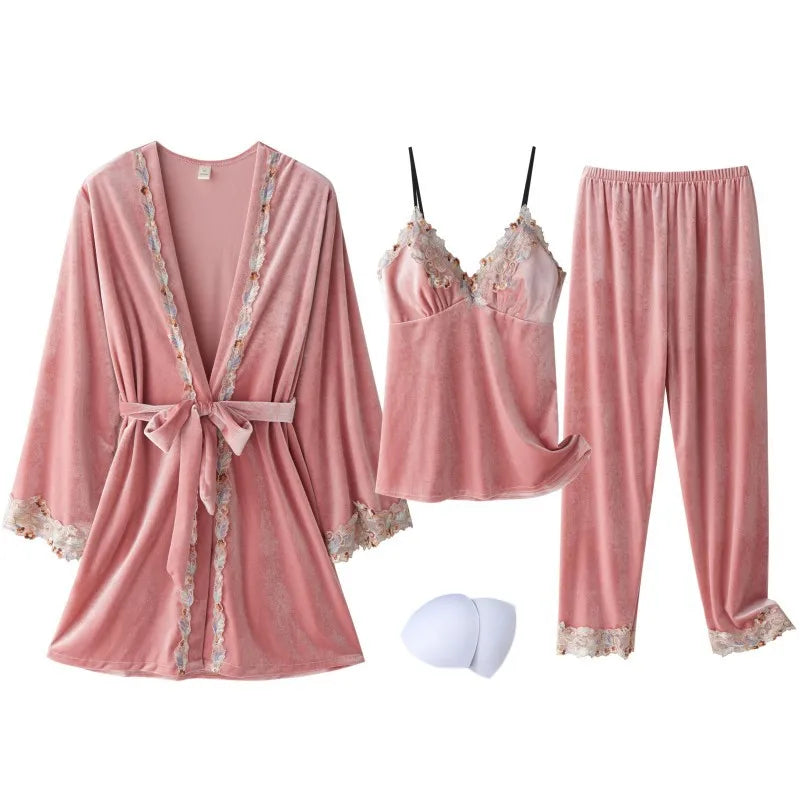 New Velour Pajama Suit Women 3PCS Robe Nightgown Set Sleepwear Lady Winter Velvet Warm Lace Folwer Kimono Bathrobe Gown 2025