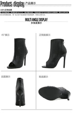 Big Size 42 Sexy Black Hollow Out Summer Boots Women Chic Peep Toe Thin High Heels Zip-up Ankle Boots Party Shoes