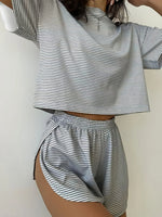 Summer Striped 2pcs Pajama Set for Women Short Sleeve Crop Top Elastic Waist Shorts Soft Loungewear Home Sleepwear