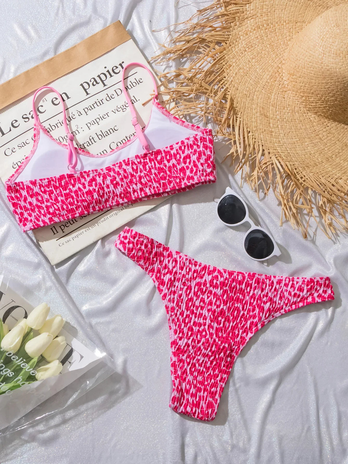 Sexy Wrinkled Bandeau Leopard Print Bikinis Sets Two Pieces Thong Swimsuits Beachwear Bathing Suit Swimwear Biquini