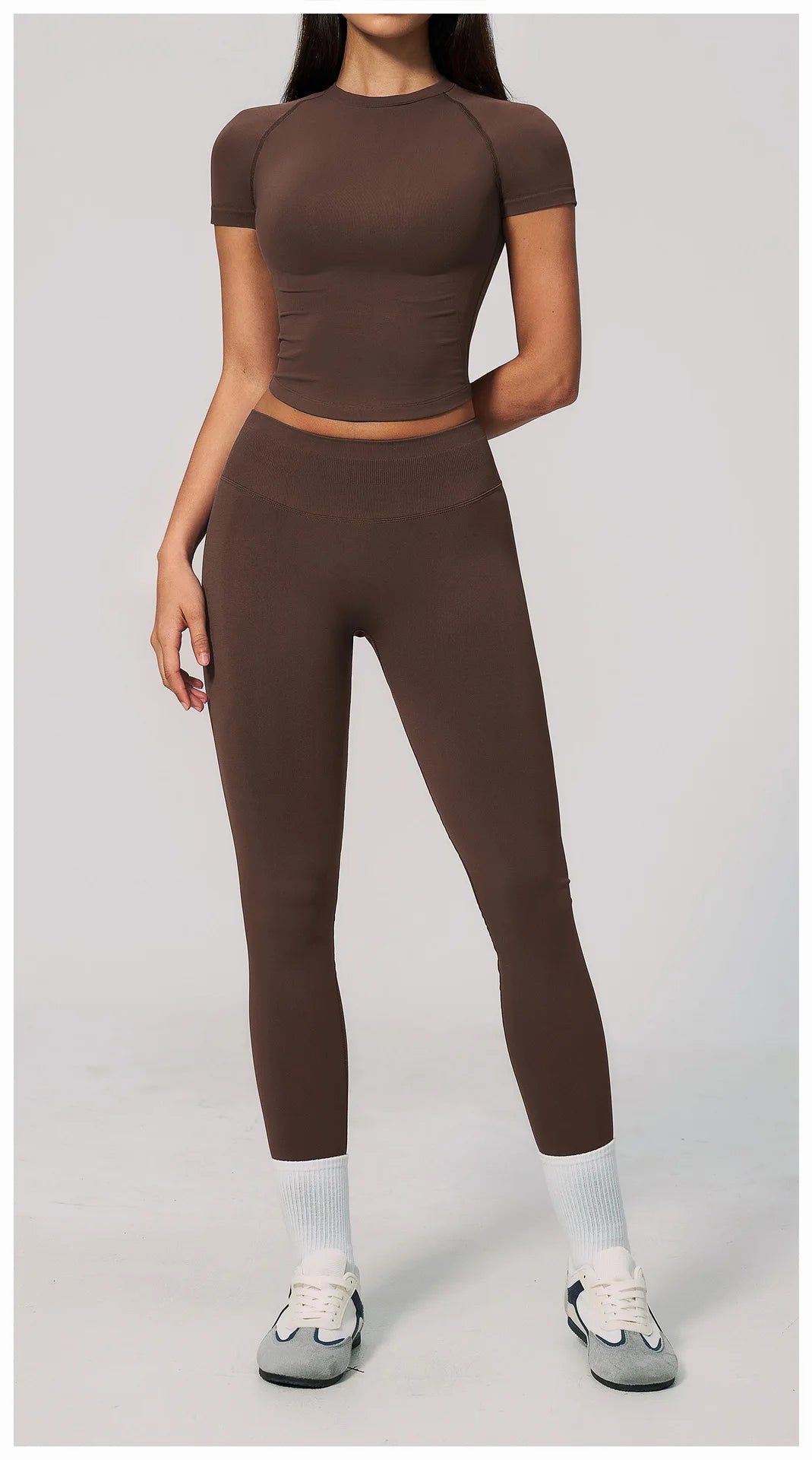 2PCS Women's Tracksuit Seamless Yoga Set Short Sleeve O Neck Workout T Shirts Fitness Suit Tight Hip Lifting Leggings Gym Sets