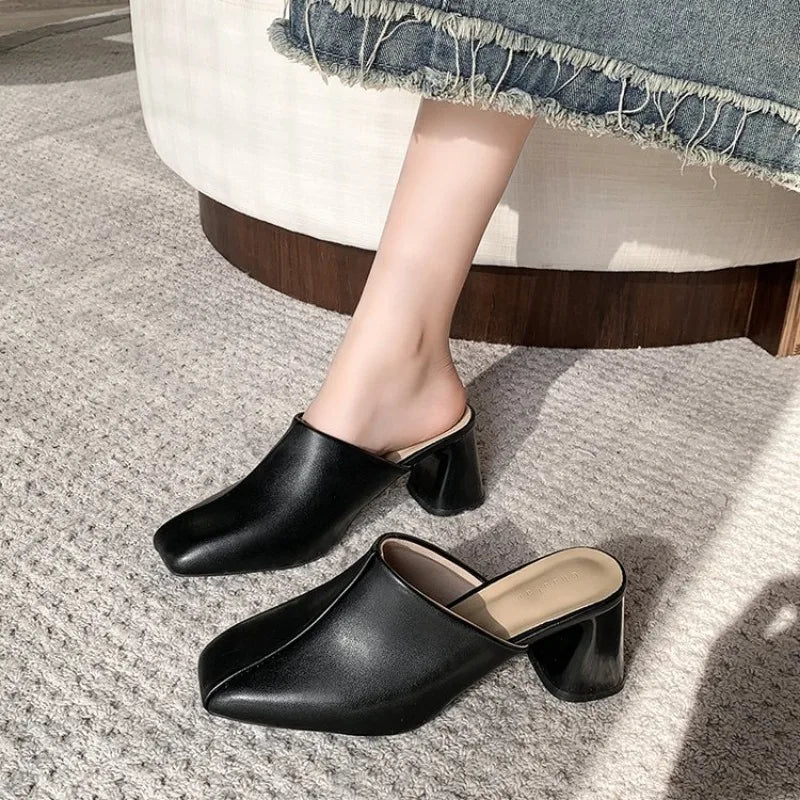 Comemore Baotou Half Slippers Women Square Head High Heels Shoes Fashion Outside Wear Thick Heel Solid Color Mules Slides Shoes