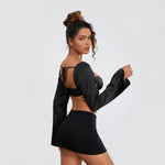 Women Long Sleeve Crop Tops Mesh Lace Trim Sweetheart Neckline Tie-Up Backless T-Shirts Spring Fall Slim Fit Shirts Streetwear