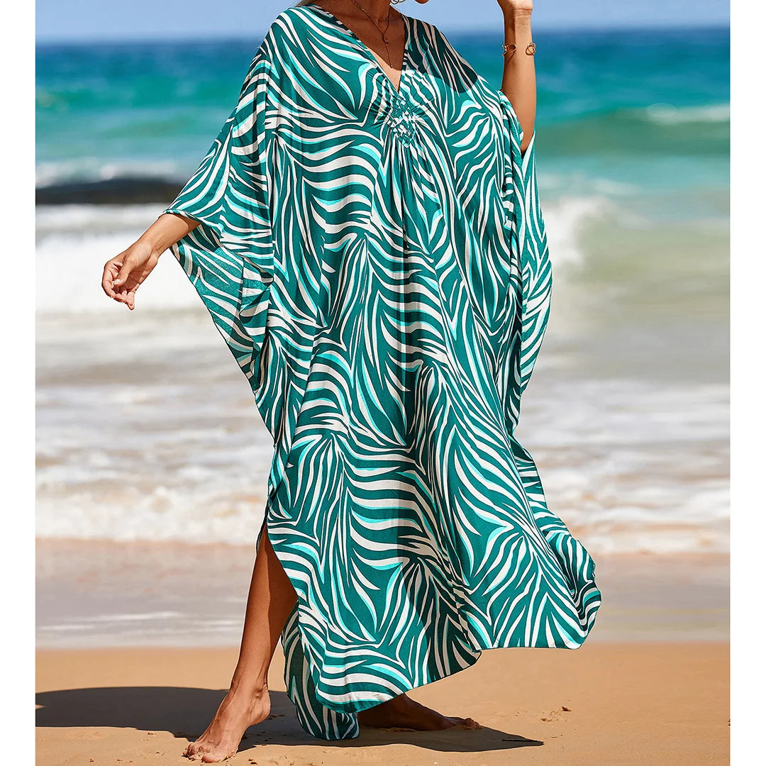 Sexy Zebra Printed V Neck Tunic Beach Cover Up Cover-ups Beach Dress Beach Wear Beachwear Beach Long Dress Female Women V4159
