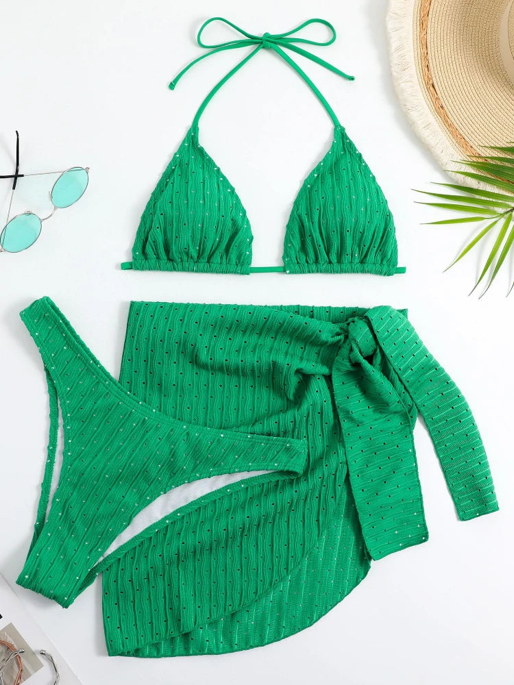 2026 New 3 Pieces Set Swimsuit Women Thong Swimwear Sexy Micro Bikini Set With Sarong Skirt White Beachwear Bathing Suit Pink