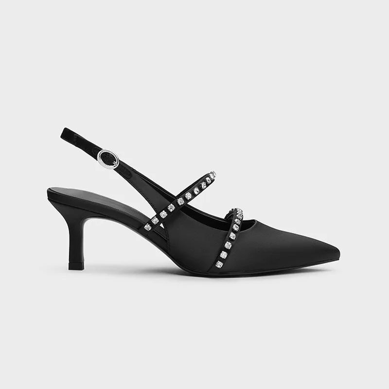 Elegant Pointed Toe Silver Nude Black Satin Slingback Pumps Sexy Thin Stiletto High Heel Wedding Bridal Date Party Summer Shoes