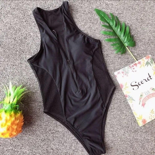 2025 Sexy Splicing Mesh Zipper Female Swimwear One Piece Swimsuit Women Monokini High Cut Bather Bathing Suit Swim Lady Bodysuit