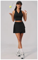 Women's Tracksuit Yoga Set 2 Pieces High Waist Pleate Pocket Skort Fitness Suit Turn Down Collar V Neck Slim Tank Top Sporstwear