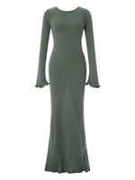 Women's Autumn Winter Knitted Bodycon Dress Long Sleeve Tie Backless Round Neck Solid Color Ruffle Trim Long Dress Beachwear