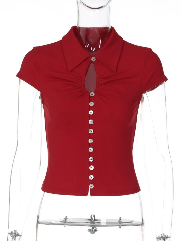FDYOUI 2026 Women's T-shirts Turn-down Collar Single Breasted Short Sleeve Crop Tops Female Hollow Out Red Tee Shirt Streetwear
