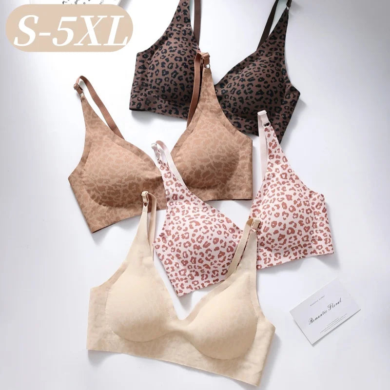 No-Show Seamless Bras For Women Non-wire V-neck Bralette Leopard Print Removable Pads Sports Underwear Sexy Lingerie S-5XL