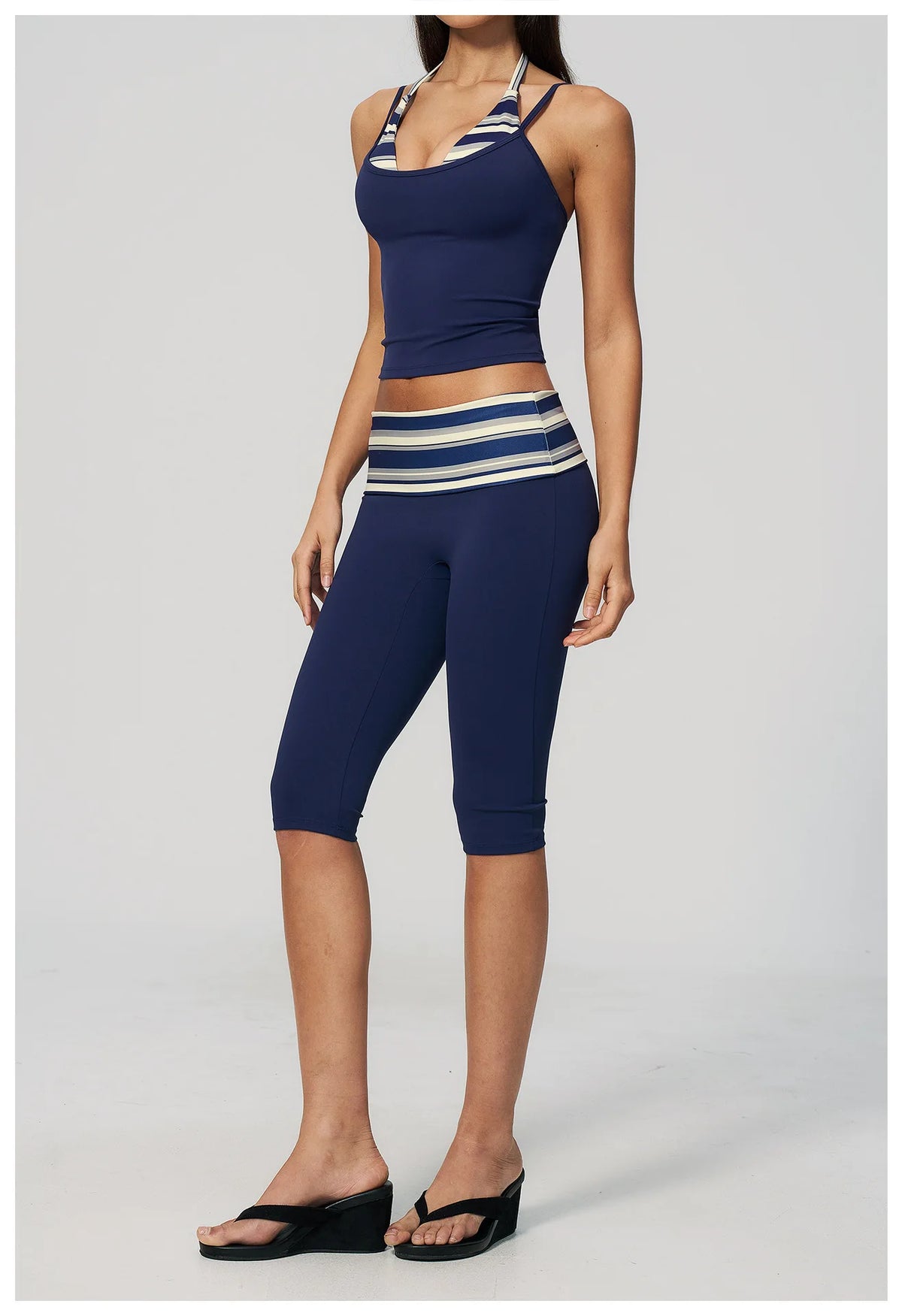 New Fake Two-piece Yoga Sets Women Striped Shock-absorbing Slim Sports Tank Top Fitness Suit Gym High Waist Mid Pants Tracksuit