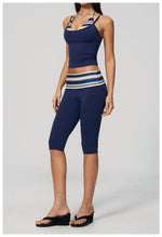 New Fake Two-piece Yoga Sets Women Striped Shock-absorbing Slim Sports Tank Top Fitness Suit Gym High Waist Mid Pants Tracksuit