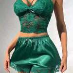 European and American new suspender lace vest top satin shorts sex underwear pajamas loungewear two-piece set women