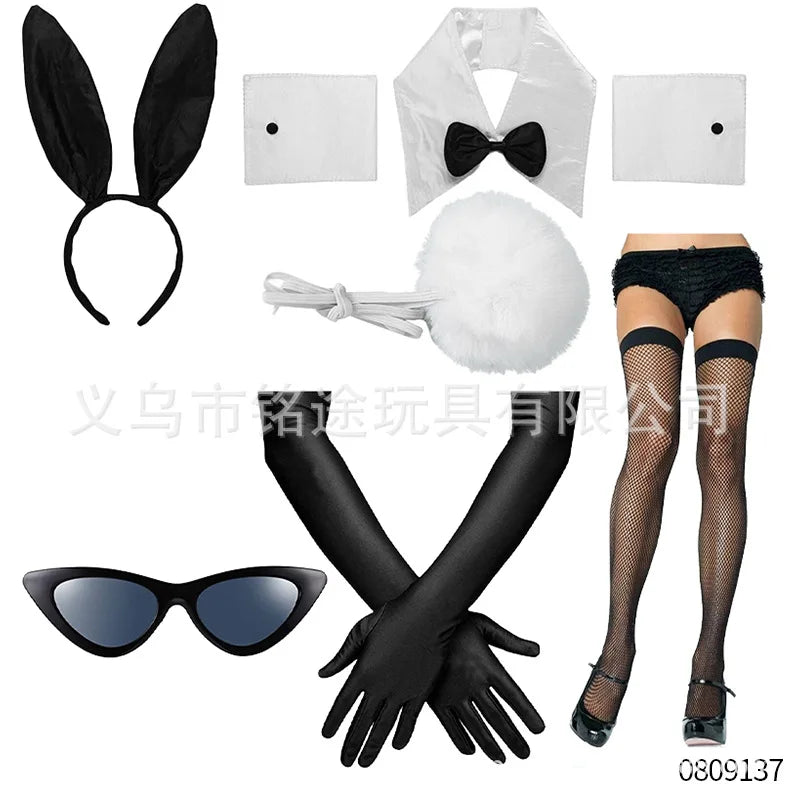 Easter Bunny Girl Cosplay 3-Piece Prop Set - Satin Headband Fluffy Rabbit Tail for Halloween Christmas