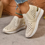 2025 New Hollow Out Wedges Sneakers Women Plus Size Pu Leather Thick Sole Loafers Woman Slip On Breathable Casual Shoes Female