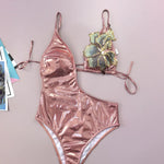 Sexy Patch flower Metallic Pink Irregular Swimsuits Bikinis Sets Two Pieces with Mini Split Skirt Swimsuit Bathing Suit Biquini