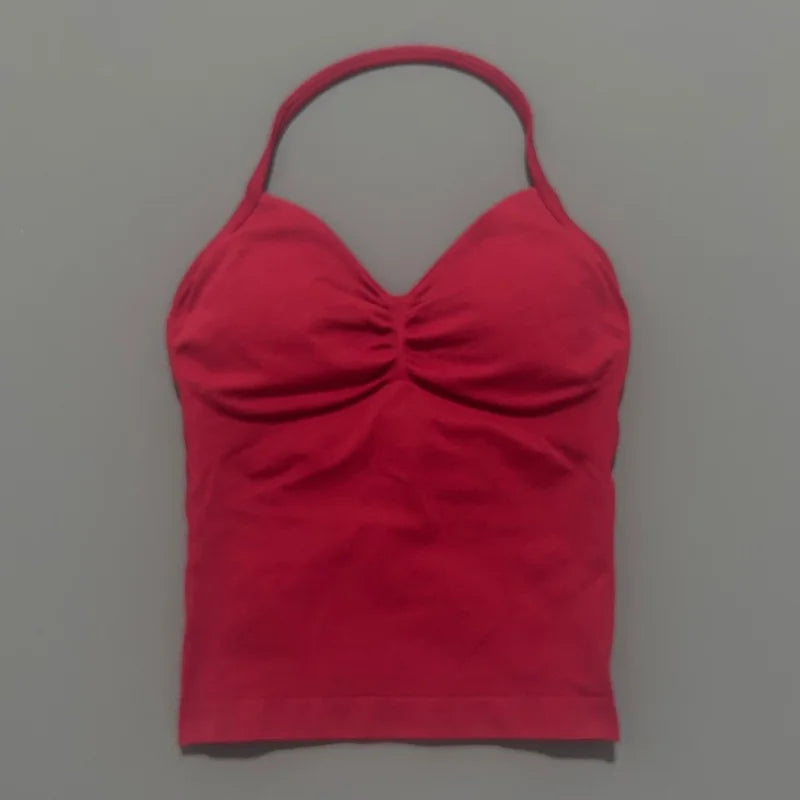 HISTELLO GYM Longline Strappy Top Women Seamless Yoga Clothing With Removable Pads V Neck Open Back Bra Workout Sports Halter