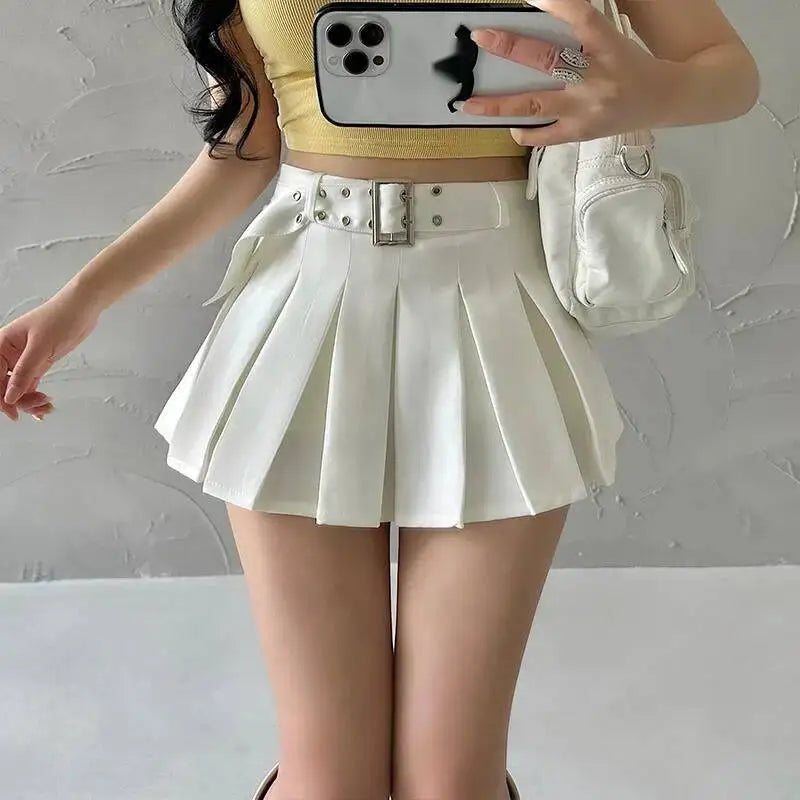 WOMENGAGA Summer Skorts High-quality Sexy A-LINE Safety Skirts Pleated Skirt Half Length Short Skirt Belt Fashion Women E4H4