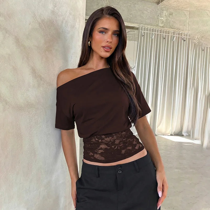 FDYOUI Sexy Chic Diagonal Collar Lace Patchwork T-shirts 2026 Women Short Sleeve Irregular Cropped T Shirt Lady Tunics Tops Tees