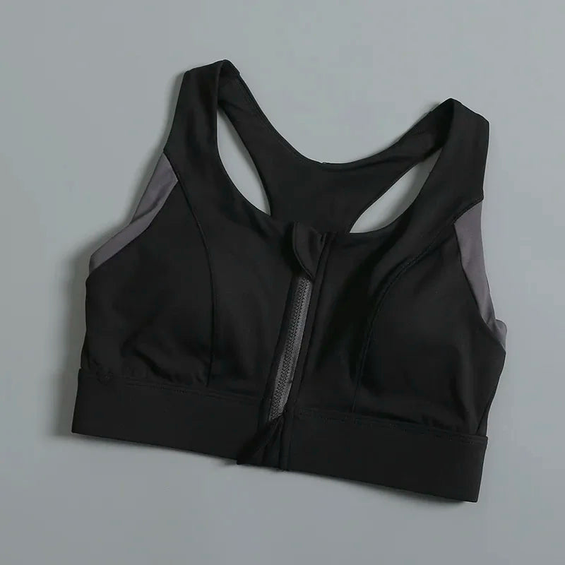 Women's sports and fitness bra with contrasting color design, shock-absorbing and gathered front zipper
