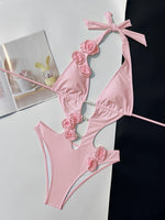 2026 V-neck Halter Monokini 3D Floral Swimsuit Women One Piece Hollow Swimwear Female Sexy Bathers Bathing Swimming Swim Suit