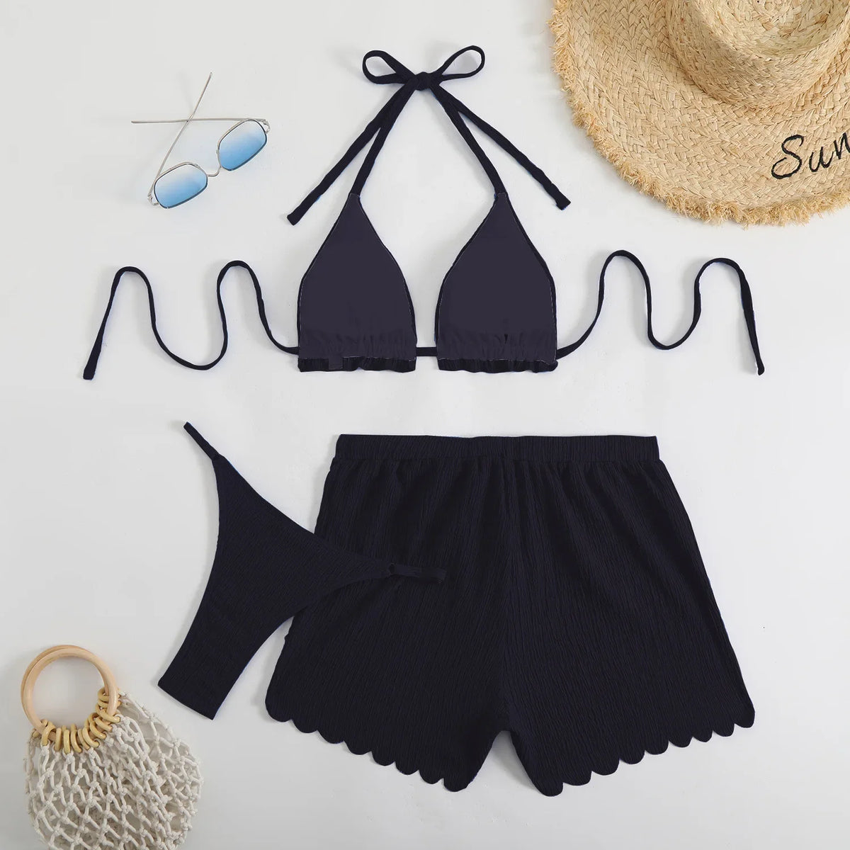 Sexy Purple Thong Bikini with Shorts Women Three Pieces Swimsuit Brazilian Swimwear Female Beachwear Halter Bathing Suit Outfit