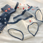 1-Pack Cute Strawberry Print Cotton Panties Sweet Striped Accents Women Low-Rise Underwear Breathable Soft Lingerie M-XL