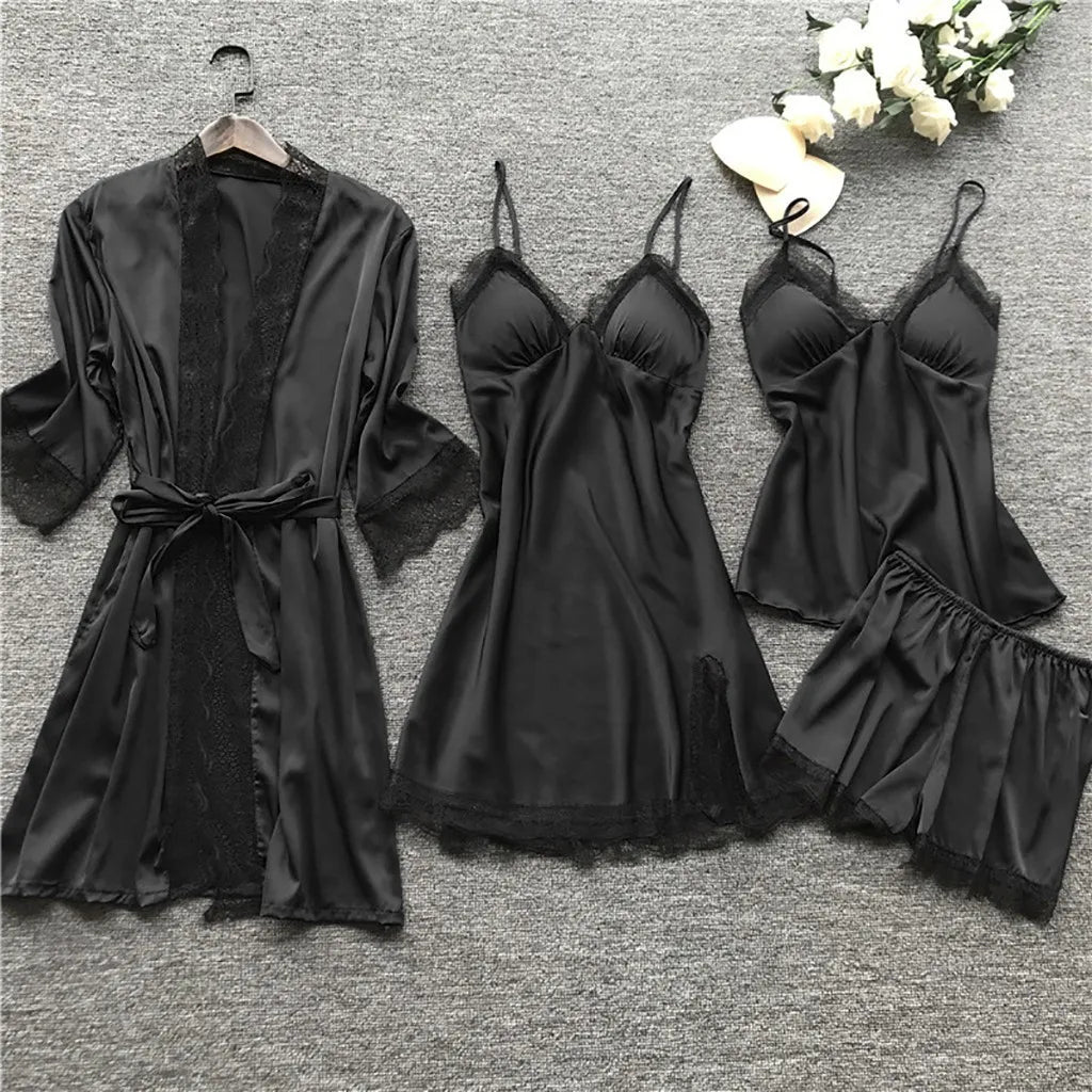 4 Pieces Women's Sexy Lace Pajamas Fashion V-Neck Gown Comfort Pajamas Pajamas Pajamas With Chest Pads Nightdress Casual Loungew