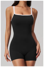 Tight Fitting One-piece Yoga Suit Women Color Bloack Square Collar Hollow Out Backless Butt-Lifting Gym Sports Short Jumpsuit
