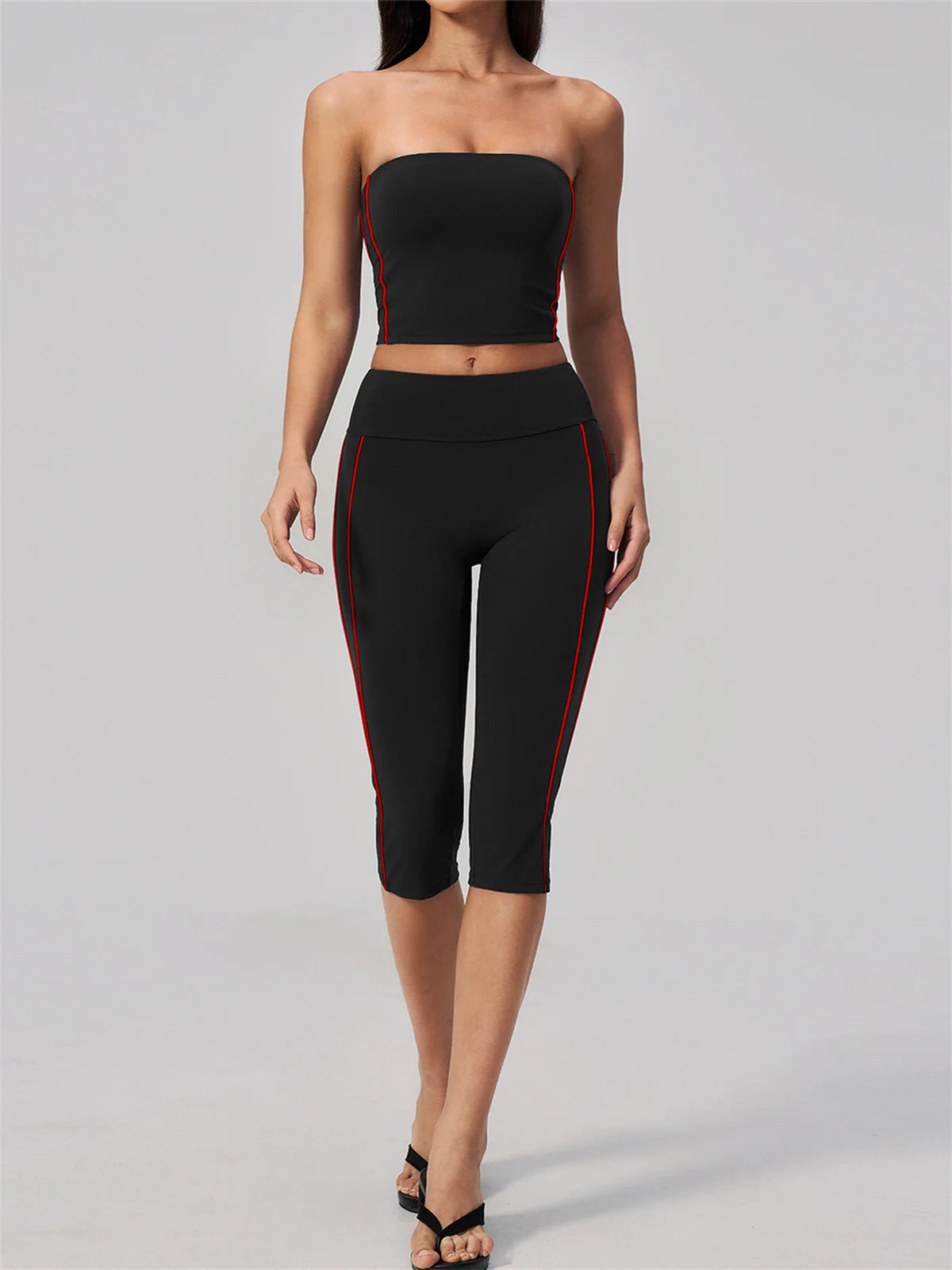 Color Blocked Strapless Yoga Suit 2 Pieces Women Sports Bra High Waist Leggings Fitness Suit Outwear Running Push Up Tracksuit